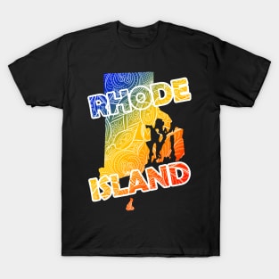 Colorful mandala art map of Rhode Island with text in blue, yellow, and red T-Shirt